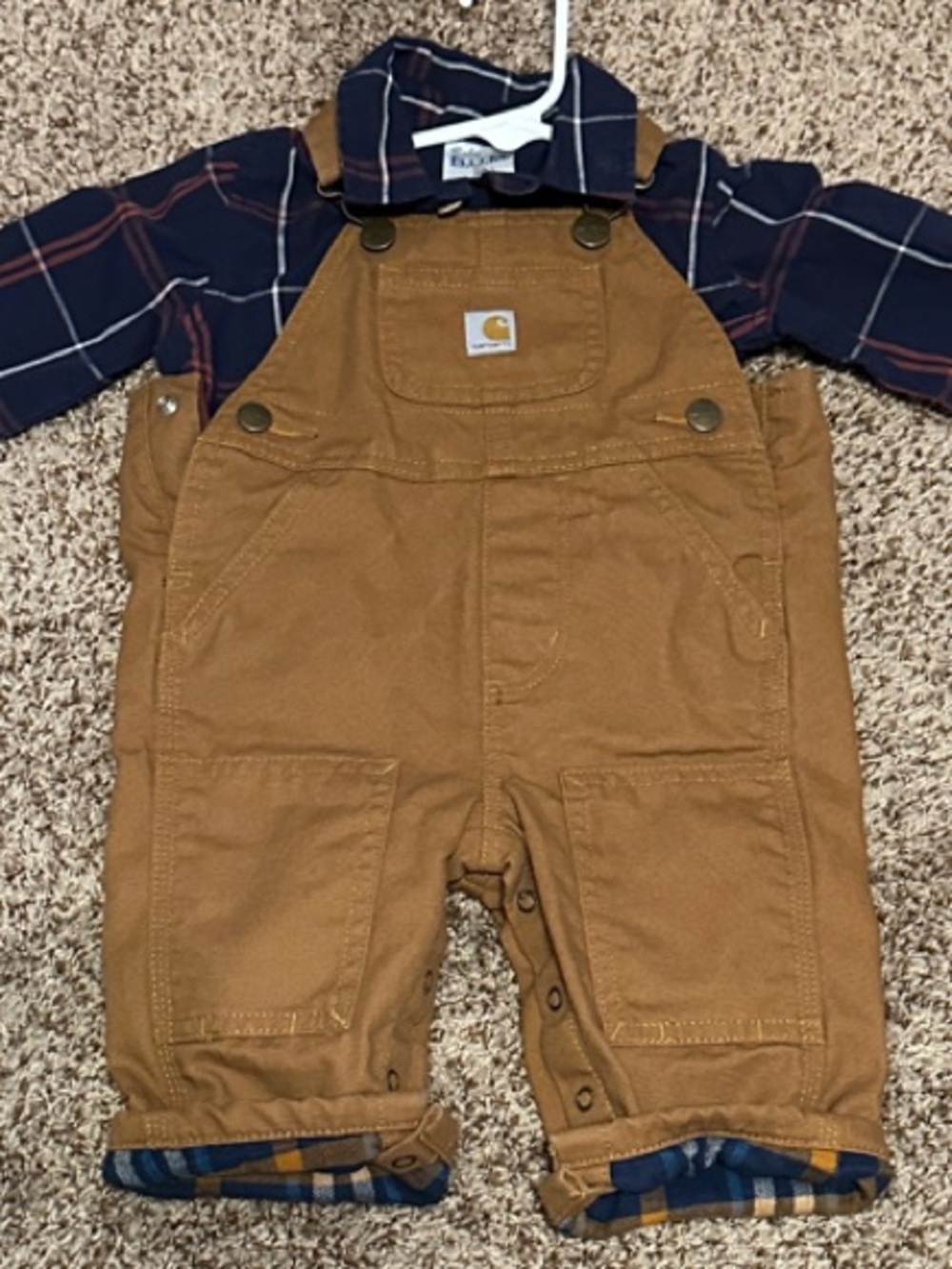 Carhartt Toddler Tan/Brown Canvas Overalls with Plaid Lining